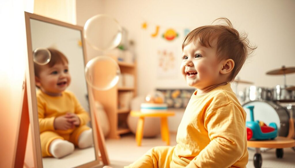 A cheerful child in comfortable, brightly colored casual clothing is engaging with several sensory-friendly sound encouragement games in a cozy, inviting playroom. In the foreground, the child is focused on a mirror play activity, mimicking smiles and sounds. Nearby, there’s a bubble machine producing soft, floating bubbles while the child practices the “puh-puh” sound. On a small table, a toy car is positioned with the child saying “m-m-more” as they pretend to drive it. In the background, a soothing drum set is set up, hinting at drum syllable activities. Warm, soft lighting floods the room, creating a joyful and supportive atmosphere, with gentle pastel colors enhancing the playful mood. The angle captures the child’s immersed expression, evoking positivity and engagement in sound play.