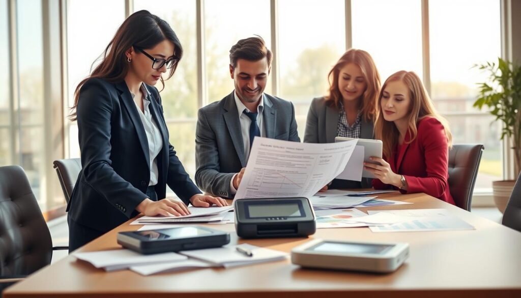 A collaborative scene illustrating a meeting between professionals discussing funding for AAC device trials. In the foreground, a diverse group of three adults in smart business attire, including a woman in glasses, a man with a laptop, and another woman holding a tablet, intensely reviewing a budget proposal. The middle ground features a large conference table scattered with papers, charts, and a prototype AAC device. In the background, a bright, modern conference room with large windows showing a sunny day, creating a warm atmosphere. Soft, natural lighting fills the space, emphasizing the focused yet hopeful expressions of the professionals. The overall mood conveys collaboration, innovation, and a commitment to enhancing communication for toddlers through AAC methods.