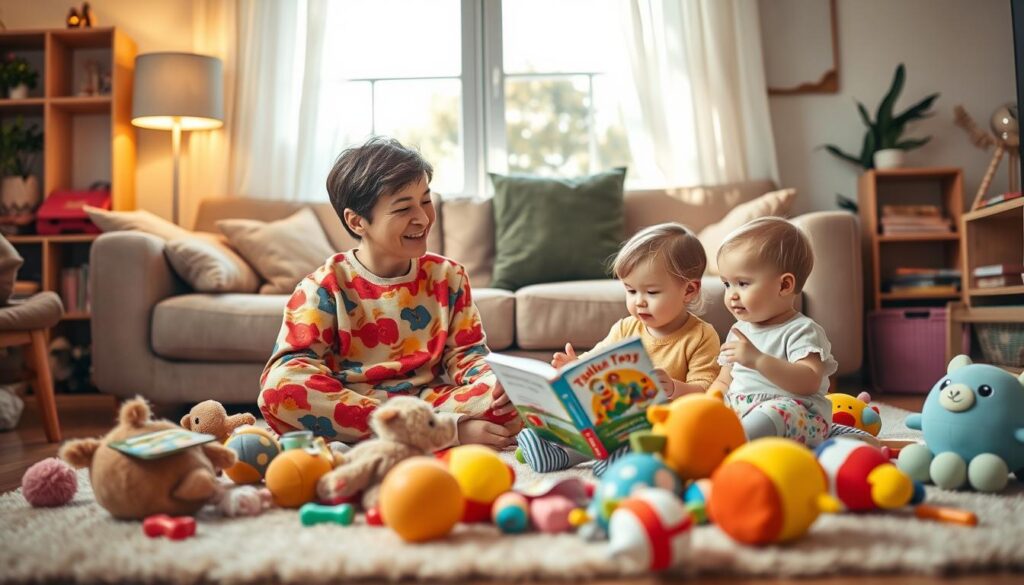 A cozy, inviting living room scene showcasing a dialogic reading session for toddlers. In the foreground, a nurturing adult, dressed in colorful yet modest casual clothing, sits cross-legged on a soft rug surrounded by an assortment of plush toys and children's books. The adult is animatedly engaging with a toddler, who is sitting close by with wide-eyed excitement, reaching for a picture book. In the middle ground, additional toys and learning materials are scattered about, promoting a playful learning atmosphere. The background features warm, soft lighting filtering through a window, casting gentle shadows that enhance the inviting feel of the space. The overall mood conveys joy, curiosity, and connection, highlighting the importance of interactive reading in speech therapy for young children.