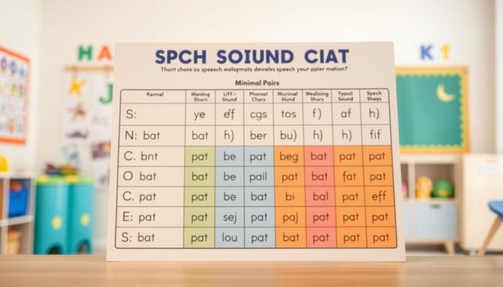 A detailed speech sound chart illustrating minimal pairs, designed for educational purposes. In the foreground, display clear examples of minimal pairs, such as "bat" and "pat," with distinct phonetic symbols next to them. The middle ground features a thoughtfully arranged chart divided into sections for different sounds, organized clearly to demonstrate typical speech development stages. In the background, a soft-focus classroom setting can be seen with colorful visuals, such as alphabet letters and playful toys, enhancing a nurturing atmosphere. Use soft, even lighting to convey a warm and welcoming environment. Angle the scene slightly from above to give a comprehensive view of the chart while maintaining clarity. This composition aims to present a helpful, engaging resource for parents looking to support their child's speech development.