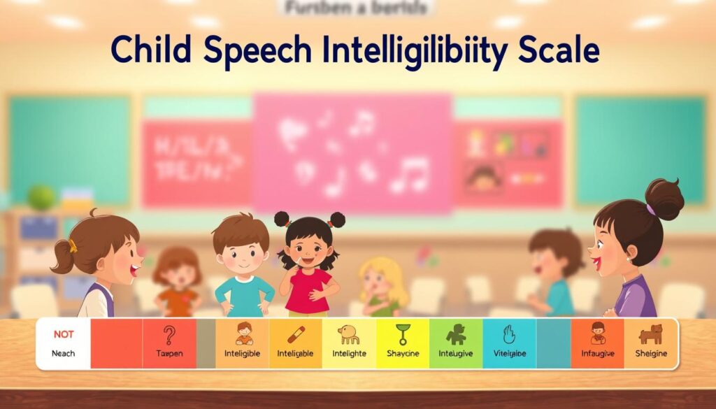 A professional and educational illustration of a "Child Speech Intelligibility Scale," displayed as a colorful, visually engaging infographic. In the foreground, depict an easily understandable scale with labeled tiers ranging from "Not Intelligible" to "Fully Intelligible." The middle layer should include simple, child-friendly icons or illustrations of children of diverse backgrounds practicing speech, emphasizing different intelligibility levels. The background features a soft, blurred classroom setting, suggesting a nurturing environment ideal for language development, with warm lighting that creates a welcoming mood. Use a slight top-down angle to ensure clarity and focus on the scale, while maintaining a balance between informative and visually appealing design elements.