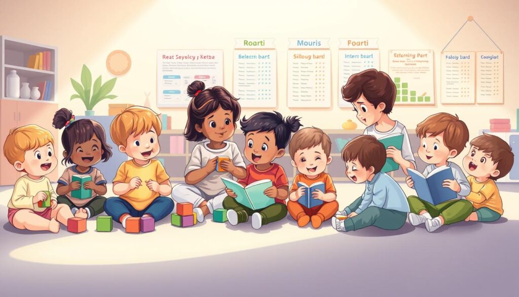 A serene and informative illustration depicting the developmental range in toddler speech. In the foreground, a diverse group of toddlers, representing various temperaments and backgrounds, are engaged in different speech activities such as playing with blocks, reading picture books, and babbling joyfully. The middle ground features supportive caregivers interacting with the children, showcasing the nurturing aspect of speech development. In the background, a gentle, colorful classroom setting with speech charts on the walls reflects a bilingual environment, emphasizing inclusivity and neurodiversity. The lighting is soft and warm, creating a welcoming and positive atmosphere. The image captures the essence of variability in toddler speech milestones, inviting a sense of understanding and encouragement. A serene and informative illustration depicting the developmental range in toddler speech. In the foreground, a diverse group of toddlers, representing various temperaments and backgrounds, are engaged in different speech activities such as playing with blocks, reading picture books, and babbling joyfully. The middle ground features supportive caregivers interacting with the children, showcasing the nurturing aspect of speech development. In the background, a gentle, colorful classroom setting with speech charts on the walls reflects a bilingual environment, emphasizing inclusivity and neurodiversity. The lighting is soft and warm, creating a welcoming and positive atmosphere. The image captures the essence of variability in toddler speech milestones, inviting a sense of understanding and encouragement.