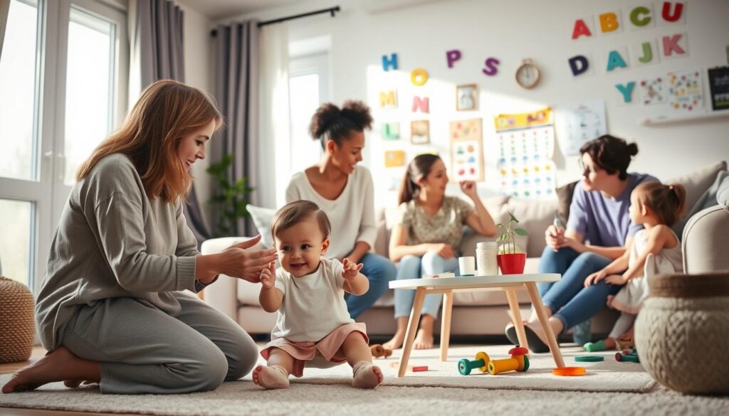A warm and inviting family living room scene showcasing a diverse group of caregivers and toddlers engaged in nurturing speech activities. In the foreground, a caregiver, wearing a modest casual outfit, kneels down beside a playful toddler, who is imitating words and gestures. In the middle ground, another caregiver sits at a small table with visual aids like picture cards and toys, emphasizing the technique of expanding on toddler speech. Soft, natural light streams in from a window, creating a cozy atmosphere. In the background, colorful wall decorations showcase alphabet letters and speech charts, subtly integrating educational elements. The overall mood is supportive and encouraging, embodying the concept of home routines that promote speech development. A warm and inviting family living room scene showcasing a diverse group of caregivers and toddlers engaged in nurturing speech activities. In the foreground, a caregiver, wearing a modest casual outfit, kneels down beside a playful toddler, who is imitating words and gestures. In the middle ground, another caregiver sits at a small table with visual aids like picture cards and toys, emphasizing the technique of expanding on toddler speech. Soft, natural light streams in from a window, creating a cozy atmosphere. In the background, colorful wall decorations showcase alphabet letters and speech charts, subtly integrating educational elements. The overall mood is supportive and encouraging, embodying the concept of home routines that promote speech development.
