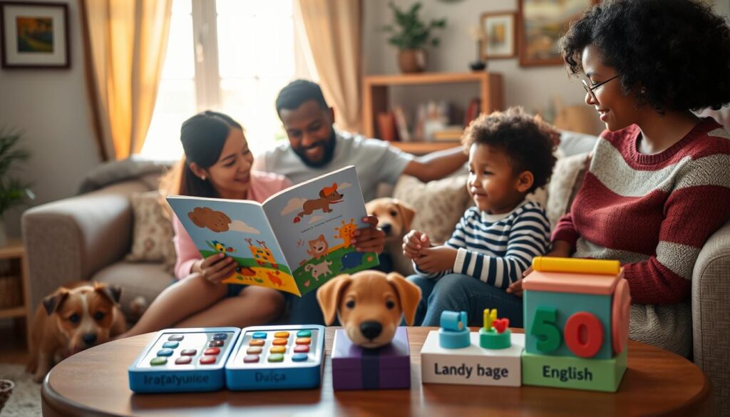 A warm and inviting family living room, showcasing a cozy setting with a diverse family engaged in bilingual language routines. In the foreground, a caregiver is reading a colorful picture book in English to a young child, who is attentively absorbing the story. Beside them, a table displays educational toys labeled in both English and a second language, emphasizing the dual-language approach. The middle ground features a playful dog, creating a lively atmosphere, while a window in the background lets in soft, warm sunlight, enhancing the welcoming mood. The scene captures a moment of connection and learning, highlighting the joy of raising bilingual communicators in a nurturing environment. The image conveys a sense of harmony, encouragement, and cultural richness. A warm and inviting family living room, showcasing a cozy setting with a diverse family engaged in bilingual language routines. In the foreground, a caregiver is reading a colorful picture book in English to a young child, who is attentively absorbing the story. Beside them, a table displays educational toys labeled in both English and a second language, emphasizing the dual-language approach. The middle ground features a playful dog, creating a lively atmosphere, while a window in the background lets in soft, warm sunlight, enhancing the welcoming mood. The scene captures a moment of connection and learning, highlighting the joy of raising bilingual communicators in a nurturing environment. The image conveys a sense of harmony, encouragement, and cultural richness.