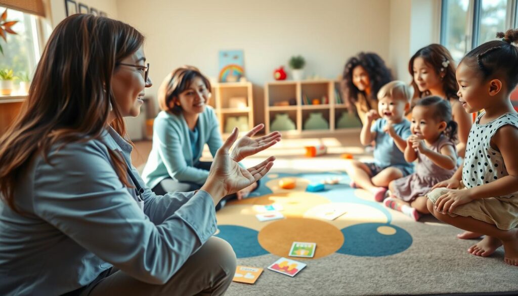 A warm, inviting learning environment featuring a diverse group of caregivers interacting with young children, demonstrating various modeling signs. In the foreground, a caregiver in professional attire is crouched down, using hand gestures to illustrate a simple sign, while a few children attentively watch and mimic the gestures. In the middle ground, a colorful rug with educational materials like flashcards and toys scattered about encourages interaction. The background shows a well-lit classroom with soft, natural light streaming in through large windows, creating a bright and cheerful atmosphere. The camera angle captures the scene from a slightly elevated perspective, enhancing the focus on the caregiver’s expressive movements and the children’s joyful engagement. The overall mood is energetic, supportive, and nurturing, highlighting the importance of communication and connection in learning. A warm, inviting learning environment featuring a diverse group of caregivers interacting with young children, demonstrating various modeling signs. In the foreground, a caregiver in professional attire is crouched down, using hand gestures to illustrate a simple sign, while a few children attentively watch and mimic the gestures. In the middle ground, a colorful rug with educational materials like flashcards and toys scattered about encourages interaction. The background shows a well-lit classroom with soft, natural light streaming in through large windows, creating a bright and cheerful atmosphere. The camera angle captures the scene from a slightly elevated perspective, enhancing the focus on the caregiver’s expressive movements and the children’s joyful engagement. The overall mood is energetic, supportive, and nurturing, highlighting the importance of communication and connection in learning.