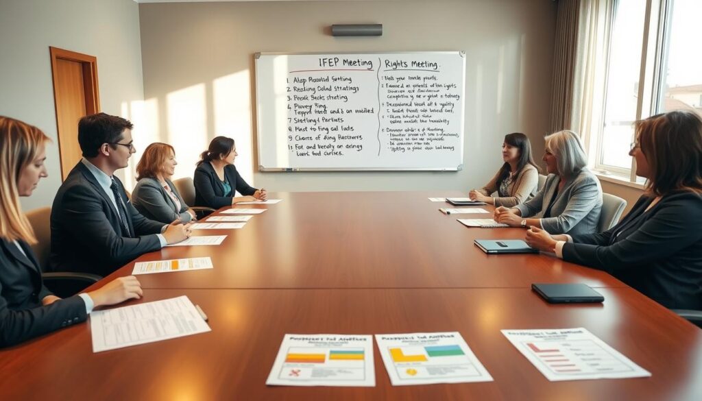 A well-organized meeting room with a large conference table in the foreground, surrounded by professional individuals in business attire, indicating preparation for an IFSP IEP meeting. On the table, neatly arranged documents, including checklists and colorful charts illustrating data and goal-setting strategies. In the middle ground, a large whiteboard with bullet points detailing meeting agenda items and rights discussion. The background features a warm, inviting atmosphere with natural light coming through windows, casting soft shadows. The overall mood is focused and collaborative, with participants engaged in discussion and planning, emphasizing a supportive environment for caregivers and professionals.