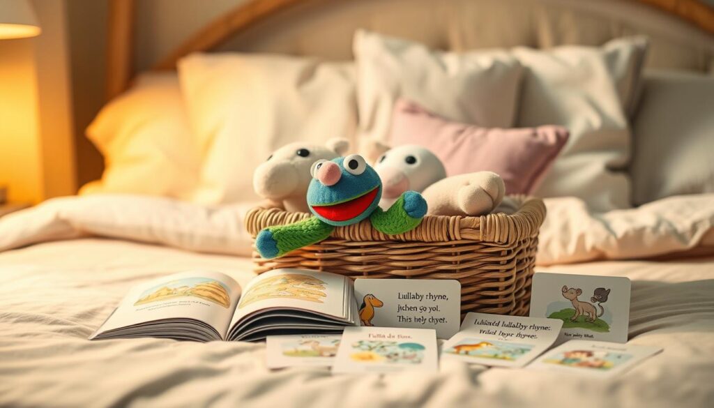 A beautifully arranged story basket placed at a cozy, softly lit bedside, radiating a warm, inviting atmosphere. In the foreground, a colorful plush puppet with exaggerated features, like big eyes and a wide smile, sits beside an open storybook. Surrounding them are flashcards adorned with illustrated lullaby rhymes, featuring whimsical imagery. The middle of the scene showcases the woven basket itself, overflowing with plush toys and small objects, inviting exploration. In the background, a gently glowing night lamp casts a soft light, creating a tranquil ambiance. The scene is captured from a warm angle, emphasizing the comforting, nurturing environment ideal for bedtime routines. Overall, the mood is serene and enchanting, perfect for inspiring calm and creativity in young minds. A beautifully arranged story basket placed at a cozy, softly lit bedside, radiating a warm, inviting atmosphere. In the foreground, a colorful plush puppet with exaggerated features, like big eyes and a wide smile, sits beside an open storybook. Surrounding them are flashcards adorned with illustrated lullaby rhymes, featuring whimsical imagery. The middle of the scene showcases the woven basket itself, overflowing with plush toys and small objects, inviting exploration. In the background, a gently glowing night lamp casts a soft light, creating a tranquil ambiance. The scene is captured from a warm angle, emphasizing the comforting, nurturing environment ideal for bedtime routines. Overall, the mood is serene and enchanting, perfect for inspiring calm and creativity in young minds.