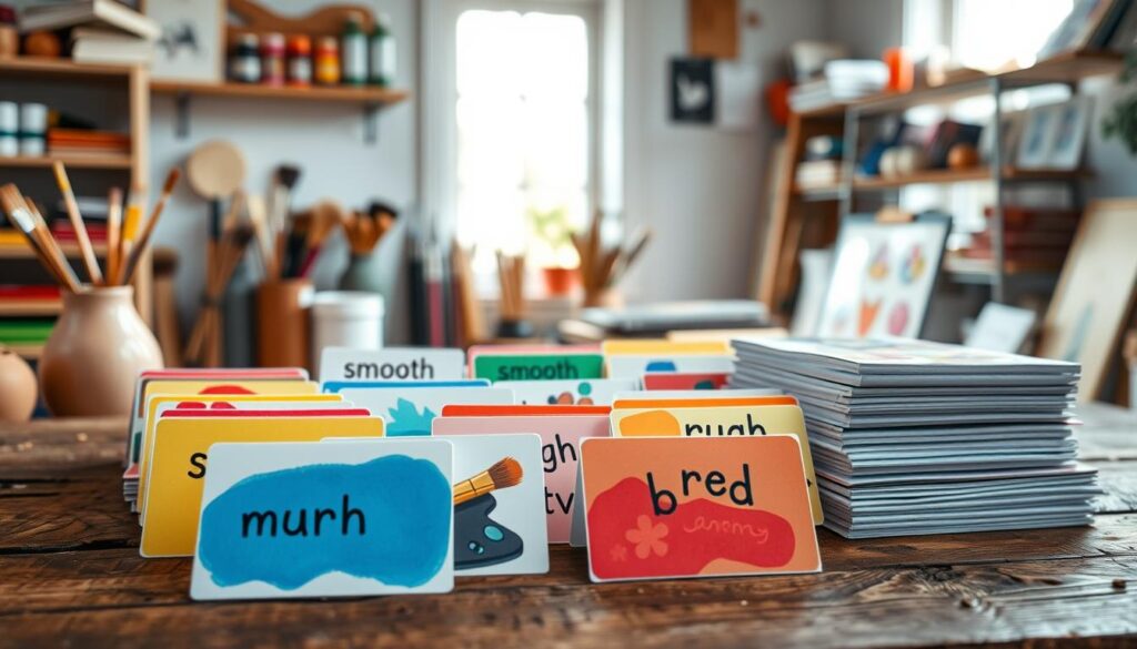 A beautifully organized art vocabulary word bank displayed on a rustic wooden table, featuring colorful flashcards with words related to colors, textures, tools, and actions. In the foreground, the cards should have vibrant illustrations of paintbrushes, palettes, and canvases, along with descriptive words like "smooth," "rough," "red," and "blend." In the middle ground, soft natural light filters through a nearby window, casting gentle shadows, enhancing the warm, creative atmosphere. The background should include shelves filled with art supplies—paints, brushes, and sketchbooks—adding depth to the scene. The overall mood is inspiring and educational, inviting viewers to explore the world of art vocabulary. A beautifully organized art vocabulary word bank displayed on a rustic wooden table, featuring colorful flashcards with words related to colors, textures, tools, and actions. In the foreground, the cards should have vibrant illustrations of paintbrushes, palettes, and canvases, along with descriptive words like "smooth," "rough," "red," and "blend." In the middle ground, soft natural light filters through a nearby window, casting gentle shadows, enhancing the warm, creative atmosphere. The background should include shelves filled with art supplies—paints, brushes, and sketchbooks—adding depth to the scene. The overall mood is inspiring and educational, inviting viewers to explore the world of art vocabulary.