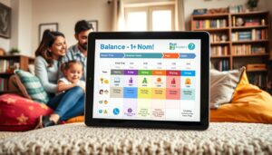 A cozy family room scene showcases a digital media plan for screen time management, emphasizing balance. In the foreground, a vibrant family of four—parents in smart casual attire and two children—are gathered around a large tablet displaying a colorful screen time schedule, with visual icons representing different activities and screen-free swaps. In the middle ground, a soft couch and bean bags invite relaxation, adorned with pillows that have engaging educational designs. The background features a shelf filled with books and board games that promote family interactions. Natural light streams in through a window, creating a warm and inviting atmosphere. The image conveys a sense of togetherness and intentional media usage, highlighting the importance of mindful screen time in a family setting.