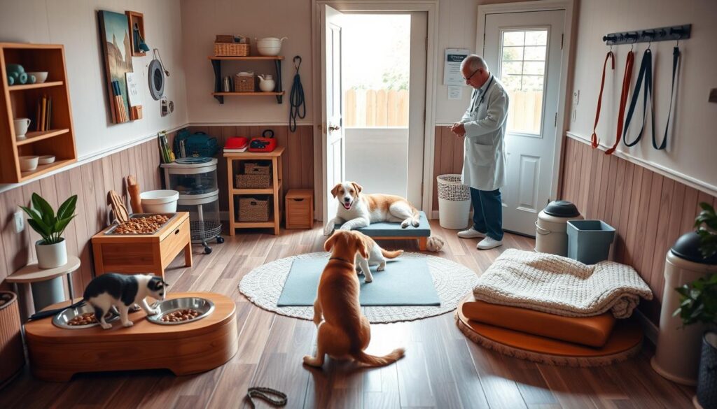 A cozy indoor scene depicting a pet care environment with five distinct activity areas arranged in a circular layout. In the foreground, a wooden feeding station filled with pet food bowls, a cat playing with a toy, and a dog eagerly watching. In the middle, a grooming area with brushes and bathing supplies, a relaxing pet on a mat receiving a check-up from a veterinarian in a white coat. In the background, a door leads to an outdoor space with a dog leash hanging on a hook, representing the walking routine. Soft, warm lighting highlights the inviting atmosphere, evoking feelings of responsibility and care. The camera angle is slightly elevated, offering a comprehensive view without any text or distractions. A cozy indoor scene depicting a pet care environment with five distinct activity areas arranged in a circular layout. In the foreground, a wooden feeding station filled with pet food bowls, a cat playing with a toy, and a dog eagerly watching. In the middle, a grooming area with brushes and bathing supplies, a relaxing pet on a mat receiving a check-up from a veterinarian in a white coat. In the background, a door leads to an outdoor space with a dog leash hanging on a hook, representing the walking routine. Soft, warm lighting highlights the inviting atmosphere, evoking feelings of responsibility and care. The camera angle is slightly elevated, offering a comprehensive view without any text or distractions.