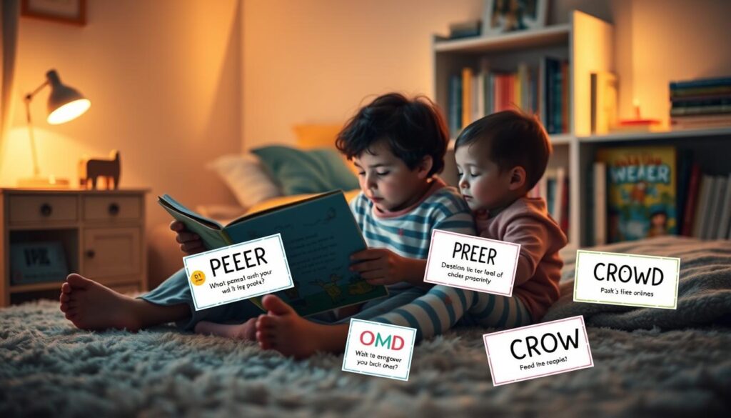 A cozy nighttime scene illustrating dialogic reading prompts. In the foreground, a parent and a child sit together on a soft, plush rug in a warmly-lit bedroom. The parent, casually dressed in comfortable clothing, holds an open picture book, while the child, wearing pajamas, gazes eagerly at the pages. In the middle ground, colorful illustrated cards displaying PEER and CROWD prompts are scattered around, highlighting questions and engaging interactions. The background features a softly glowing bedside lamp and a neatly organized bookshelf filled with children’s books, creating an inviting atmosphere. The lighting is warm and soothing, evoking a calm bedtime routine, with a slight bokeh effect to emphasize the characters and reading materials. The overall mood is nurturing and encouraging, emphasizing connection through storytelling. A cozy nighttime scene illustrating dialogic reading prompts. In the foreground, a parent and a child sit together on a soft, plush rug in a warmly-lit bedroom. The parent, casually dressed in comfortable clothing, holds an open picture book, while the child, wearing pajamas, gazes eagerly at the pages. In the middle ground, colorful illustrated cards displaying PEER and CROWD prompts are scattered around, highlighting questions and engaging interactions. The background features a softly glowing bedside lamp and a neatly organized bookshelf filled with children’s books, creating an inviting atmosphere. The lighting is warm and soothing, evoking a calm bedtime routine, with a slight bokeh effect to emphasize the characters and reading materials. The overall mood is nurturing and encouraging, emphasizing connection through storytelling.