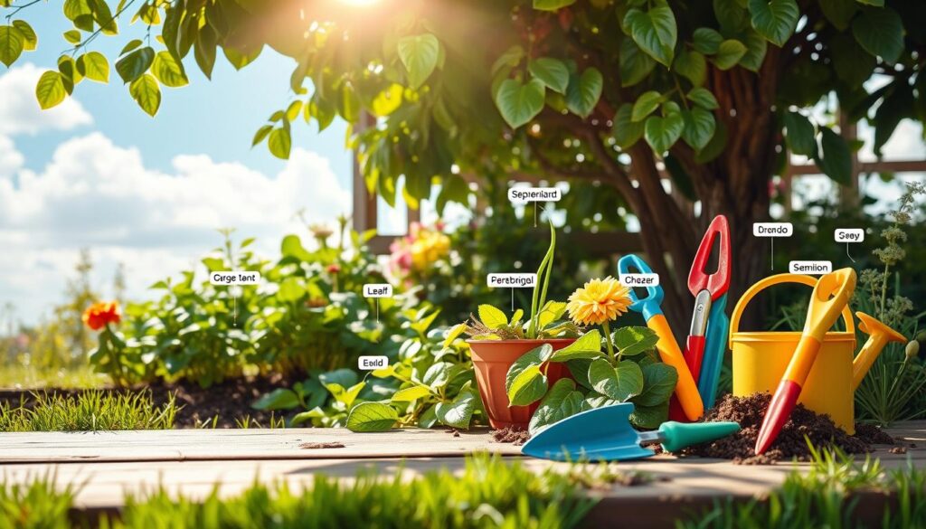 A vibrant and inviting garden scene showcasing a variety of gardening vocabulary represented visually. In the foreground, an assortment of colorful gardening tools such as a trowel, watering can, and pruning shears, neatly arranged on a rustic wooden table. The middle ground features lush green plants with labeled plant parts like leaves, stems, and flowers, artistically integrated into the composition. Soft sunlight filters through the leaves overhead, creating dappled shadows on the ground, enhancing the warm and serene atmosphere. In the background, a gentle blue sky with fluffy white clouds complements the garden's rich textures, such as soil and grass. The overall mood is educational, promoting a sense of growth and discovery. A vibrant and inviting garden scene showcasing a variety of gardening vocabulary represented visually. In the foreground, an assortment of colorful gardening tools such as a trowel, watering can, and pruning shears, neatly arranged on a rustic wooden table. The middle ground features lush green plants with labeled plant parts like leaves, stems, and flowers, artistically integrated into the composition. Soft sunlight filters through the leaves overhead, creating dappled shadows on the ground, enhancing the warm and serene atmosphere. In the background, a gentle blue sky with fluffy white clouds complements the garden's rich textures, such as soil and grass. The overall mood is educational, promoting a sense of growth and discovery.