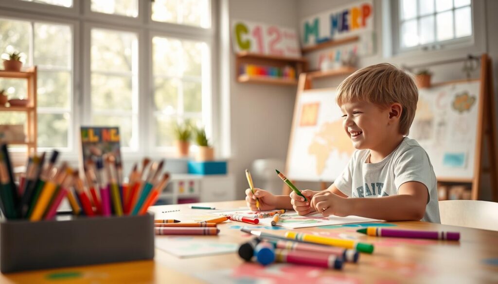 A vibrant indoor art studio setting filled with natural light filtering through large windows. In the foreground, two children, one a girl with curly hair and the other a boy with straight hair, are sitting at a colorful art table, sharing a set of paintbrushes and crayons. Their expressions are joyful, showcasing camaraderie as they give each other compliments about their artwork. In the middle ground, various art supplies like paint pots, scissors, and glitter scattered across the table enhance the creative atmosphere. The background features shelves filled with completed art projects and a whiteboard with colorful drawings. The scene conveys a warm, inviting mood, emphasizing collaboration and friendship, with soft, diffused lighting to create an uplifting and inspiring environment. A vibrant indoor art studio setting filled with natural light filtering through large windows. In the foreground, two children, one a girl with curly hair and the other a boy with straight hair, are sitting at a colorful art table, sharing a set of paintbrushes and crayons. Their expressions are joyful, showcasing camaraderie as they give each other compliments about their artwork. In the middle ground, various art supplies like paint pots, scissors, and glitter scattered across the table enhance the creative atmosphere. The background features shelves filled with completed art projects and a whiteboard with colorful drawings. The scene conveys a warm, inviting mood, emphasizing collaboration and friendship, with soft, diffused lighting to create an uplifting and inspiring environment.