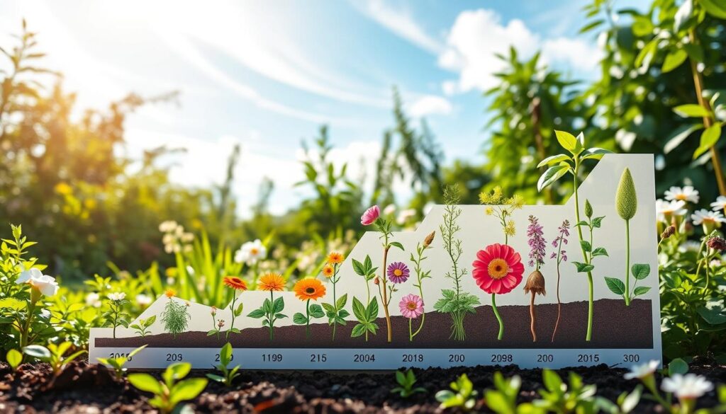 A visually striking comparison chart illustrating plant growth over time, displayed prominently in the foreground. The chart features vibrant illustrations of diverse plant species at various growth stages, including seedlings, young plants, and mature specimens. In the middle ground, a lush garden setting adds depth, showcasing greenery and blooming flowers under soft, diffused sunlight. The background features a serene blue sky with wispy white clouds, enhancing the peaceful atmosphere. The composition should utilize an upward angle to draw the viewer’s eye toward the plants, emphasizing their growth. The overall mood is encouraging and inspiring, inviting viewers to envision their own gardening successes. No text or labels are included in the design. A visually striking comparison chart illustrating plant growth over time, displayed prominently in the foreground. The chart features vibrant illustrations of diverse plant species at various growth stages, including seedlings, young plants, and mature specimens. In the middle ground, a lush garden setting adds depth, showcasing greenery and blooming flowers under soft, diffused sunlight. The background features a serene blue sky with wispy white clouds, enhancing the peaceful atmosphere. The composition should utilize an upward angle to draw the viewer’s eye toward the plants, emphasizing their growth. The overall mood is encouraging and inspiring, inviting viewers to envision their own gardening successes. No text or labels are included in the design.