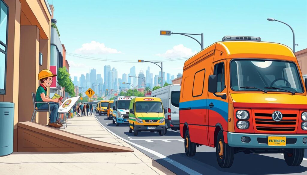 A detailed and vibrant illustration depicting a series of vehicle mission sequences in a colorful city setting. Foreground: a delivery vehicle, brightly painted, parked next to a ramp, with a friendly driver in modest casual clothing looking at a map. Middle ground: a bustling street scene with pedestrians and various vehicles, showcasing a mix of pickups, delivery vans, and service vehicles, all engaged in their tasks of picking up and delivering goods. Background: a city skyline with clear skies and distant buildings, emphasizing a sense of activity and purpose. The lighting is bright and inviting, evoking a cheerful daytime atmosphere, with soft shadows for depth. The camera angle is slightly elevated to capture the dynamics of the scene, highlighting each mission step: pickup, delivery, parking, refueling, and repair. A detailed and vibrant illustration depicting a series of vehicle mission sequences in a colorful city setting. Foreground: a delivery vehicle, brightly painted, parked next to a ramp, with a friendly driver in modest casual clothing looking at a map. Middle ground: a bustling street scene with pedestrians and various vehicles, showcasing a mix of pickups, delivery vans, and service vehicles, all engaged in their tasks of picking up and delivering goods. Background: a city skyline with clear skies and distant buildings, emphasizing a sense of activity and purpose. The lighting is bright and inviting, evoking a cheerful daytime atmosphere, with soft shadows for depth. The camera angle is slightly elevated to capture the dynamics of the scene, highlighting each mission step: pickup, delivery, parking, refueling, and repair.