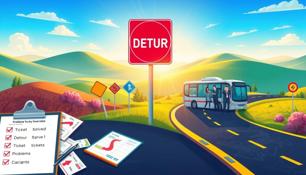 A detailed travel storyline problem-solution map, featuring a vibrant landscape with a winding road through a diverse environment. In the foreground, display various travel tickets scattered alongside a clipboard with checkmarks for solved problems. In the middle ground, illustrate a series of colorful detour signs and a bus with friendly characters in professional attire discussing travel delays. The background showcases rolling hills with an expansive sky, where gentle sunlight casts a warm glow, enhancing the scene's inviting atmosphere. Utilize a slightly elevated angle to capture the whole layout, ensuring a clear view of the elements that symbolize problem-solving in travel sequences. The mood should feel optimistic and engaging, perfect for fostering a playful sense of exploration. A detailed travel storyline problem-solution map, featuring a vibrant landscape with a winding road through a diverse environment. In the foreground, display various travel tickets scattered alongside a clipboard with checkmarks for solved problems. In the middle ground, illustrate a series of colorful detour signs and a bus with friendly characters in professional attire discussing travel delays. The background showcases rolling hills with an expansive sky, where gentle sunlight casts a warm glow, enhancing the scene's inviting atmosphere. Utilize a slightly elevated angle to capture the whole layout, ensuring a clear view of the elements that symbolize problem-solving in travel sequences. The mood should feel optimistic and engaging, perfect for fostering a playful sense of exploration.