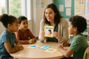Teacher supporting academic language instruction with bilingual preschool children