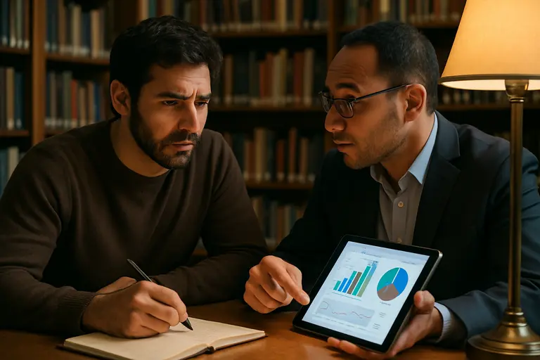 Adult reviewing child language resources on a laptop beside notebooks