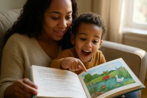 Parent reading with a young child as Bilingual Development Resources support home language routines