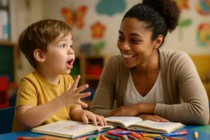 Parent and child practicing bilingual narrative skills with picture cards at a table