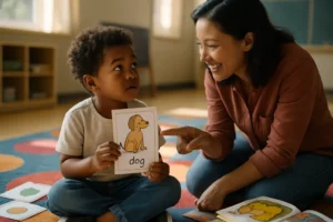 Bilingual Vocabulary Activities with children sorting picture cards at a table