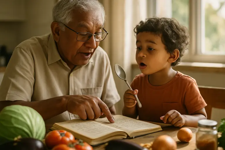Caregiver talking with a child during a home cooking activity