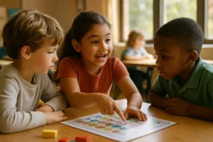 Teacher and parent reviewing emergent bilingual screening notes for a young child