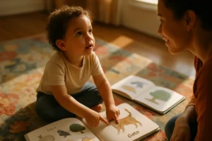 Teacher reading with bilingual children to support expressive vocabulary