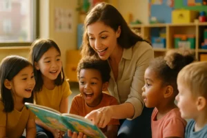 Teacher using instructional language with bilingual preschoolers during story time