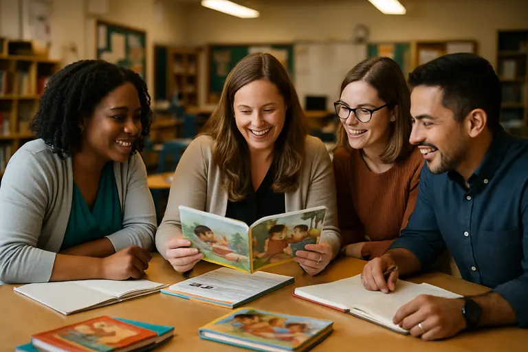 Adult and child retelling a picture story at a small table