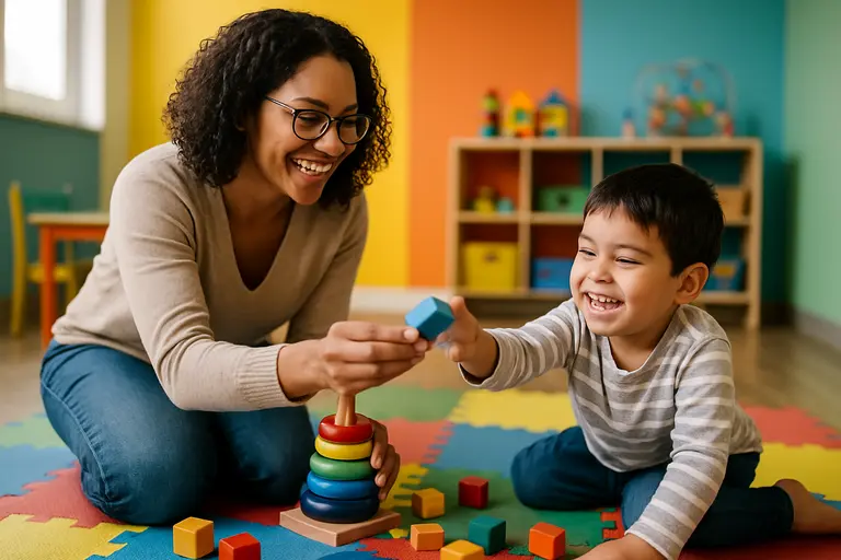 Adult modeling communication with pictures, toys, and shared attention