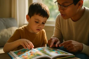 Bilingual Autistic Children using picture cards with a caregiver at a table
