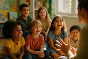 Bilingual Storytelling activity with children sharing a picture story and tablet
