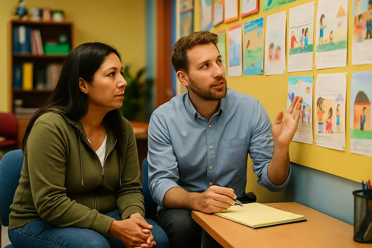 Caregiver and teacher discussing a child language notebook at a table