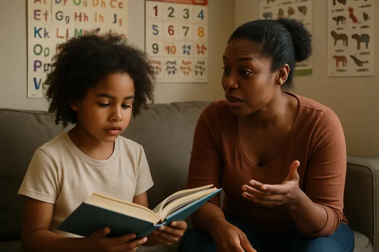 Parent and child reading a home-language book on a sofa