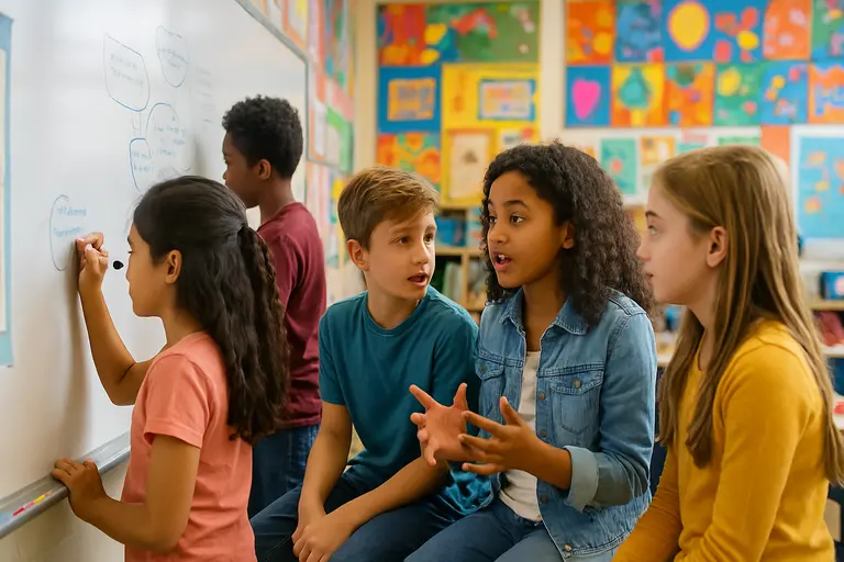 Children using sticky notes and discussion cards during a classroom reading lesson