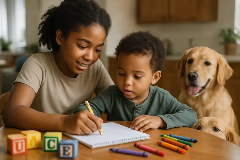 Caregiver reading a picture book with a young child on a couch