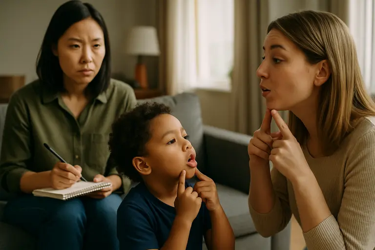 Parent writing short notes while child plays with blocks
