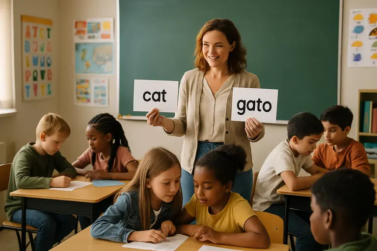 Teacher guiding young children during a bilingual reading activity