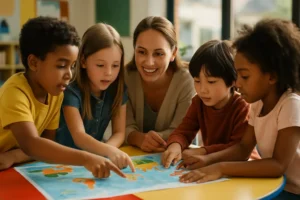 Teacher and students using English Learner Support visuals during small-group reading