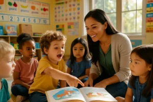 English-only Head Start discussion with teacher, child, and family in a preschool room