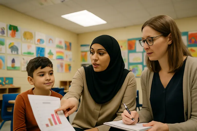 Family and teacher talk together at a school table with child artwork nearby