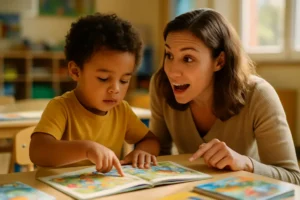 Parent reading with a bilingual child during Reduced English Exposure support