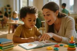 Parent supporting speech development paths with a young child during shared play