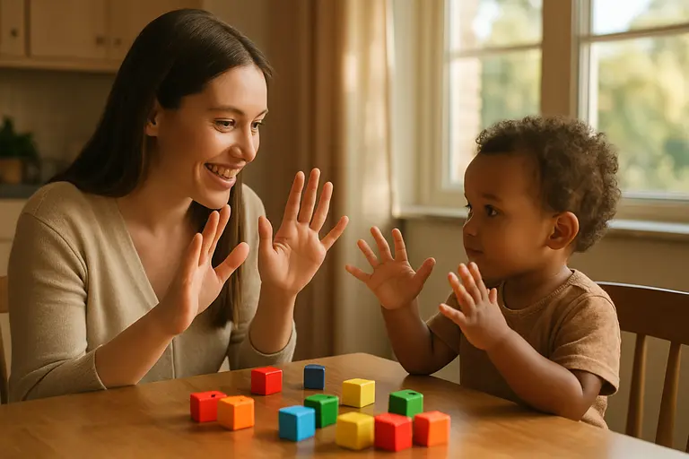 Adult naming a toy as a child reaches toward it
