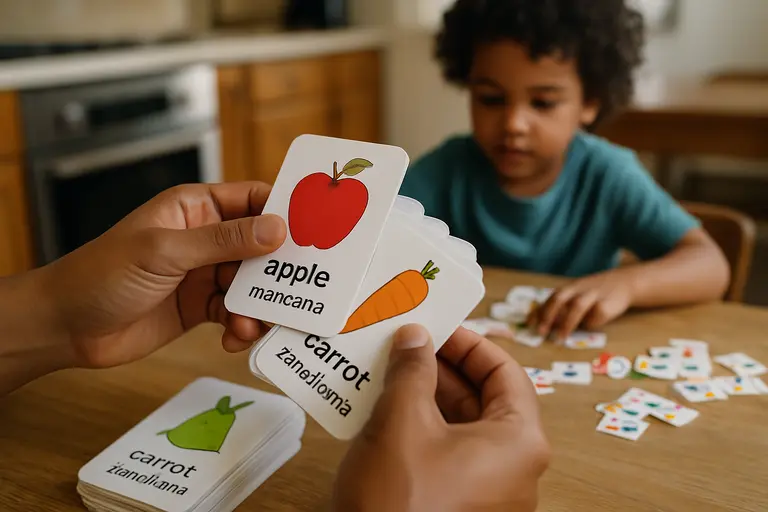Bilingual books, family photos, and note cards arranged on a table