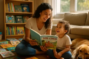 Parent and child reading together for bilingual development support at a community table