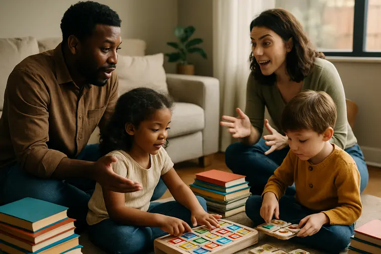 Bilingual family reading together on a couch