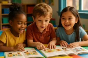 English-only Head Start classroom with preschoolers listening during circle time