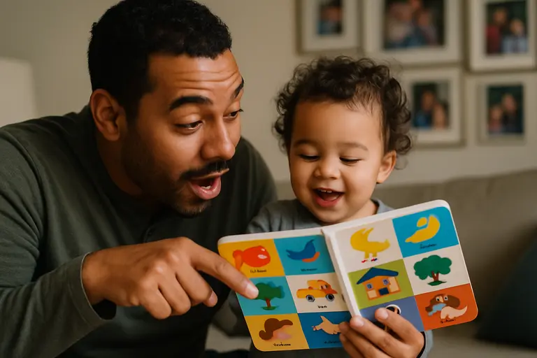 Multigenerational family talking with a toddler during a meal